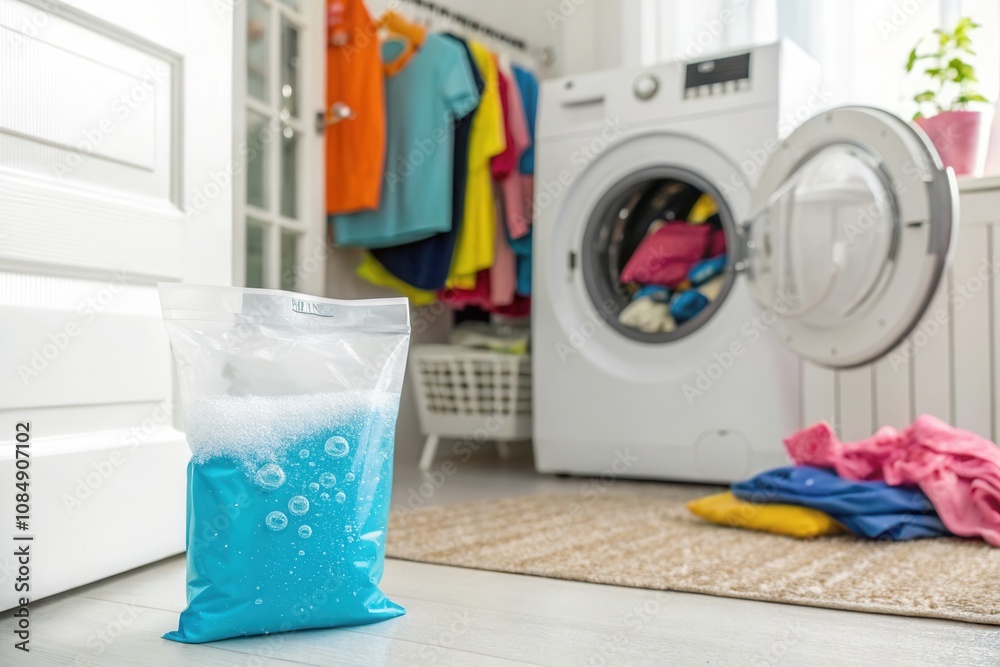 A vibrant laundry room features a washing machine with colorful clothes inside and neatly organized garments hanging nearby. A zippered bag of bright blue detergent stands on the floor, ready for the A vibrant laundry room features a washing machine with colorful clothes inside and neatly organized garments hanging nearby. A zippered bag of bright blue detergent stands on the floor, ready for the