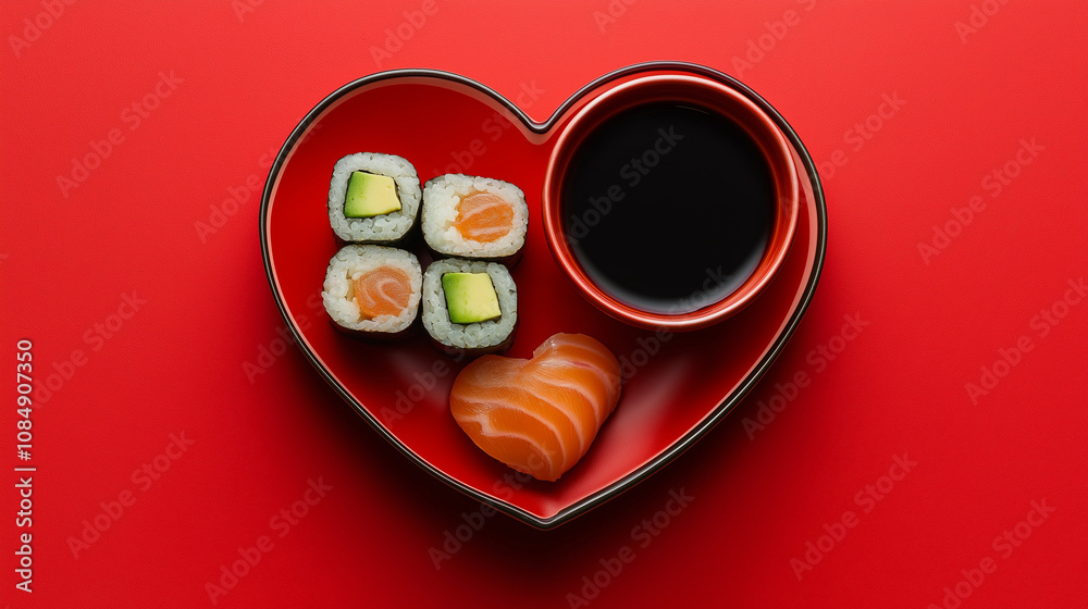 Minimalist photo of japanese rolls with soy sauce, wasabi and ginger on a heart-shaped red plate on red background Minimalist photo of japanese rolls with soy sauce, wasabi and ginger on a heart-shaped red plate on red background