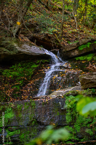 A Waterfall on the Four Mile Run Creek by the Turkey Path Trail in Leonard Harrison State Park, in Watson Township, Pennsylvania. photo