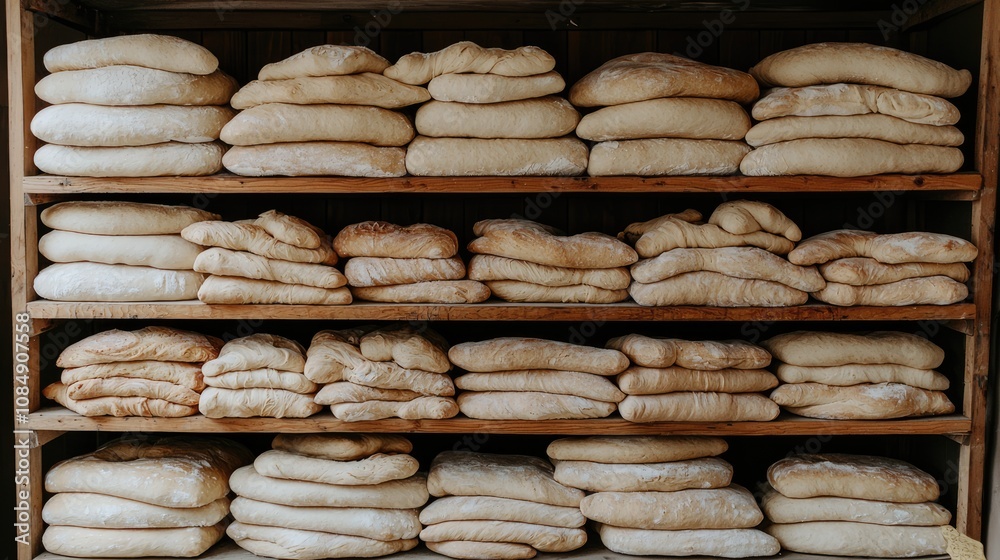 Artisanal Sourdough: Freshly Baked Loaves Displayed on Rustic Wooden Shelves with Focus on Artistic Presentation Artisanal Sourdough: Freshly Baked Loaves Displayed on Rustic Wooden Shelves with Focus on Artistic Presentation