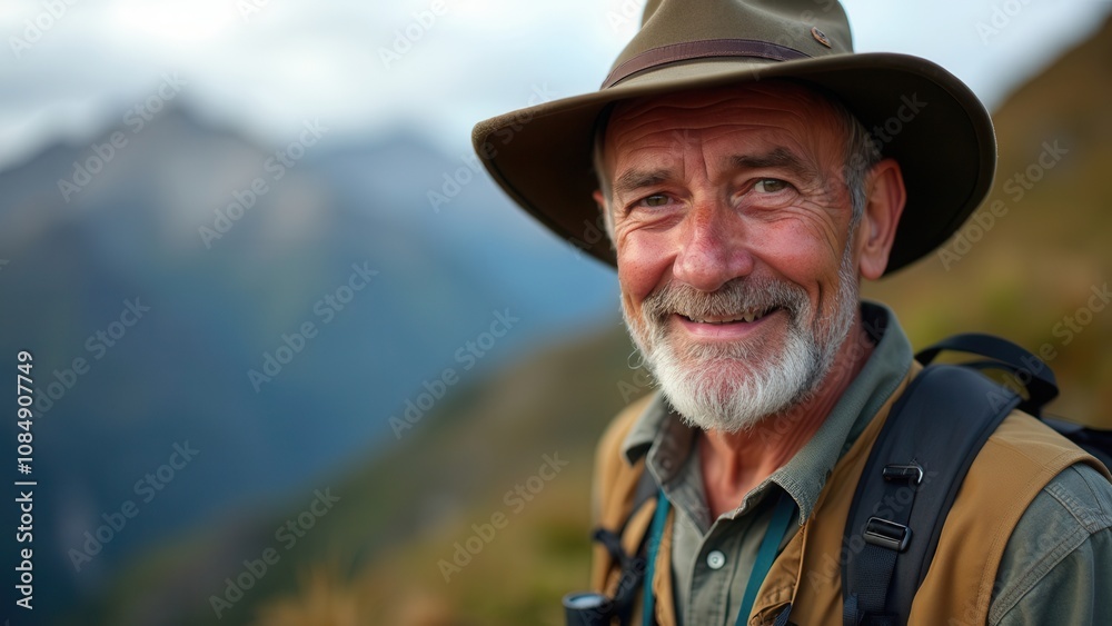 An elderly man stands on a mountain trail, smiling joyfully as he takes in the surrounding nature. Dressed for hiking, he radiates warmth and wisdom in the bright daylight against a stunning mountain An elderly man stands on a mountain trail, smiling joyfully as he takes in the surrounding nature. Dressed for hiking, he radiates warmth and wisdom in the bright daylight against a stunning mountain