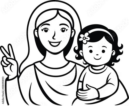 Mothers Day line art vector Single line drawing Woman hold her baby Vector illustration