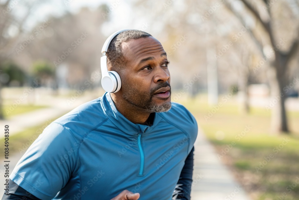 A man jogs along a tree lined path on a sunny day, wearing headphones and a bright blue shirt. His focus is evident as he enjoys his workout, surrounded by the calm beauty of nature. A man jogs along a tree lined path on a sunny day, wearing headphones and a bright blue shirt. His focus is evident as he enjoys his workout, surrounded by the calm beauty of nature.