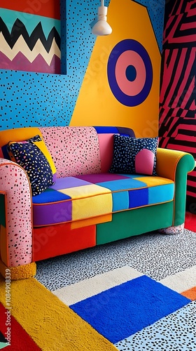 Vibrant sofa in a room decorated with abstract geometric shapes in a postmodern Memphis style photo
