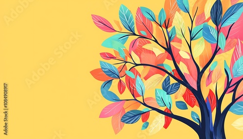 Vibrant tree illustration with colorful leaves for mural decoration. Bright and cheerful.