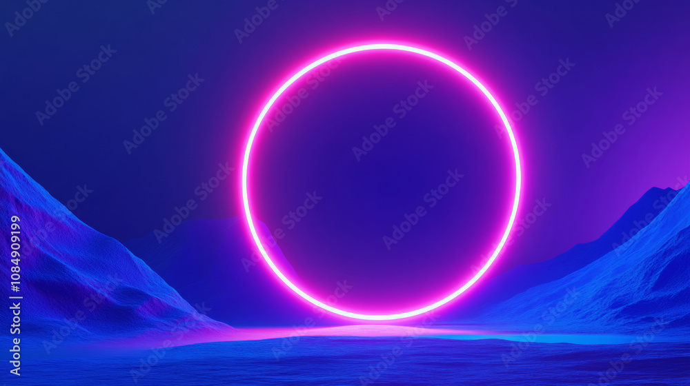 Obraz premium 3D circular stage neon light mountain lake landscape futuristic cyberpunk blue pink background. glow halo round frame laser ring abstract cosmic fashion wallpaper