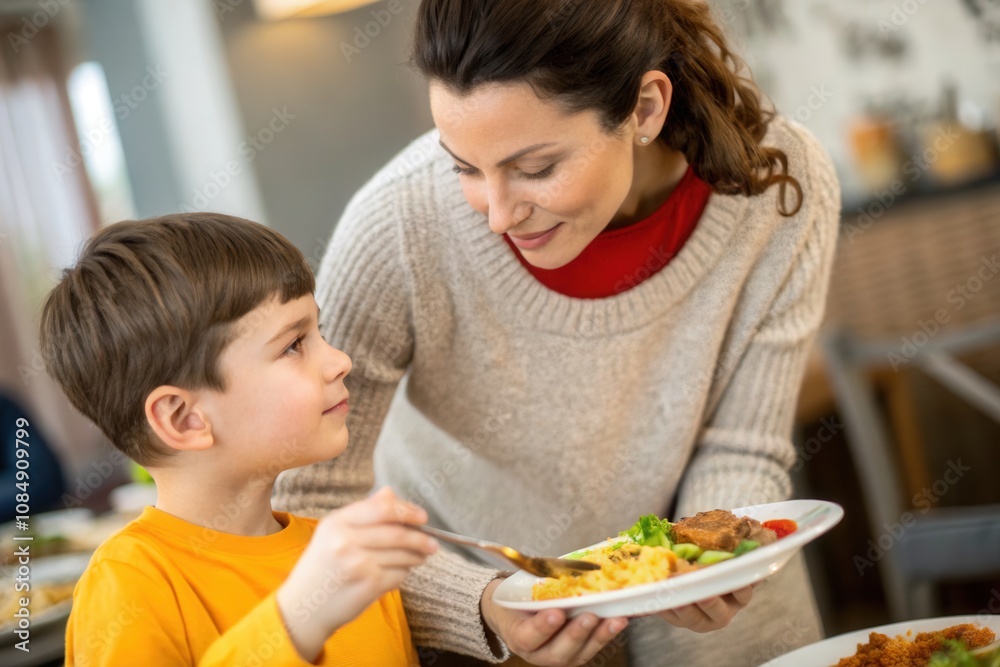 A mother joyfully serves a colorful meal to her young son in a warm restaurant setting. The boy looks excited as he engages with her, showcasing a lovely moment of sharing and connection over food. A mother joyfully serves a colorful meal to her young son in a warm restaurant setting. The boy looks excited as he engages with her, showcasing a lovely moment of sharing and connection over food.