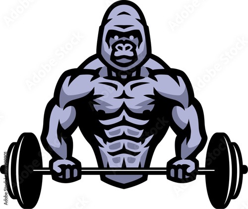 A bodybuilder with a gorilla head holds a barbell.