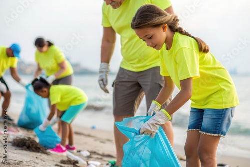 A group of volunteers in bright yellow shirts gathers litter along a scenic beach. Adults and children work together, using gloves and blue bags to collect trash, fostering a sense of community and ca photo