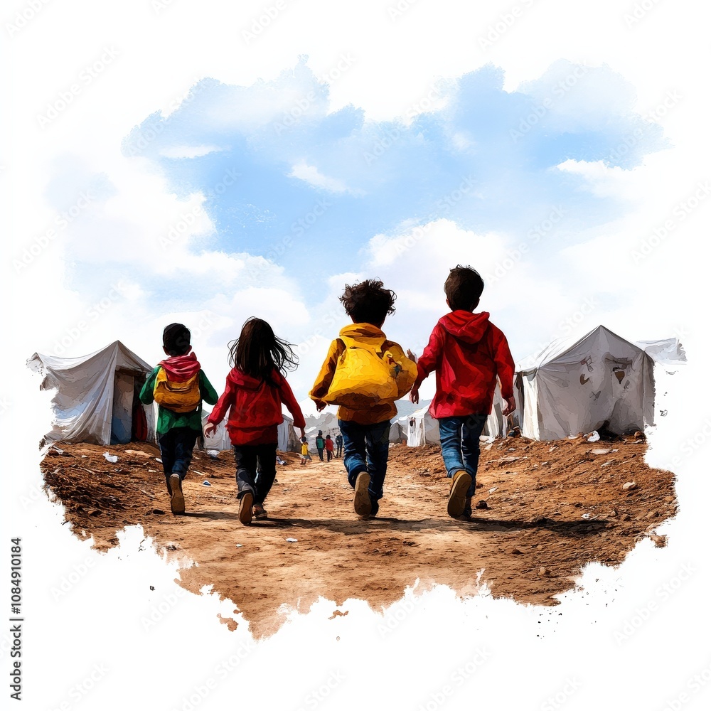 Children in colorful jackets walking together on a dusty path towards tents under a blue sky, symbolizing hope and resilience. Children in colorful jackets walking together on a dusty path towards tents under a blue sky, symbolizing hope and resilience.