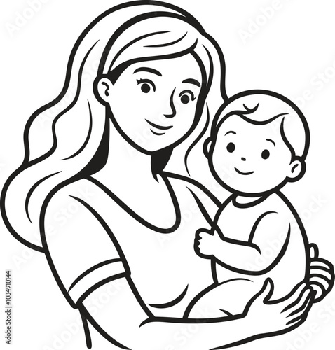 Mothers Day line art vector Single line drawing Woman hold her baby Vector illustration 