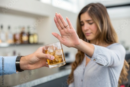 A young woman with long hair is politely declining a drink offered by a man at a contemporary bar. She raises her hand to indicate her decision not to accept, showcasing a moment of assertiveness in a photo