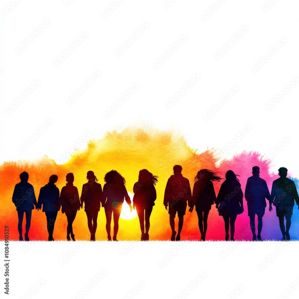 Fototapeta premium A silhouette of a diverse group of people holding hands against a vibrant sunset, symbolizing unity and friendship.
