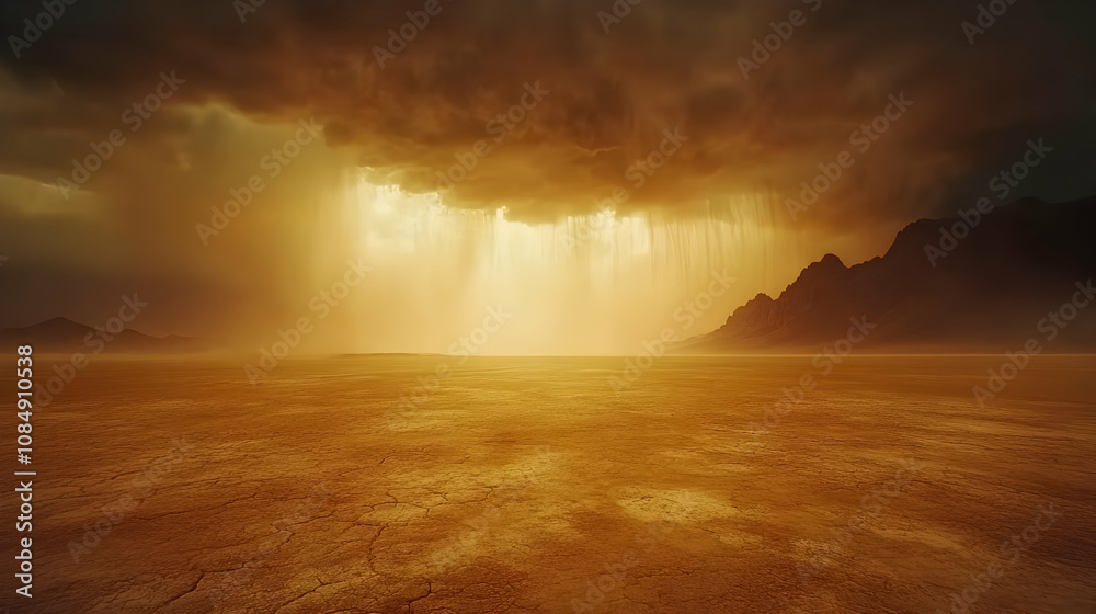 Obraz premium Golden Desert Landscape With Rain Clouds Illustration