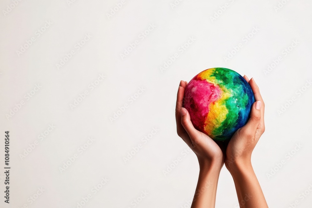 A pair of hands holds a colorful, rainbow-patterned globe against a plain background, symbolizing unity and diversity. A pair of hands holds a colorful, rainbow-patterned globe against a plain background, symbolizing unity and diversity.