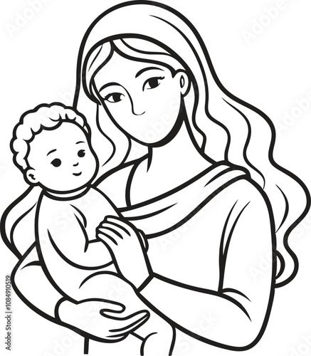 Mothers Day line art vector Single line drawing Woman hold her baby Vector illustration
