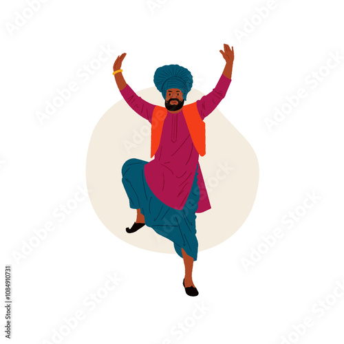 Indian Punjabi man traditional dance vector illustration, wearing a colorful Indian culture dress
