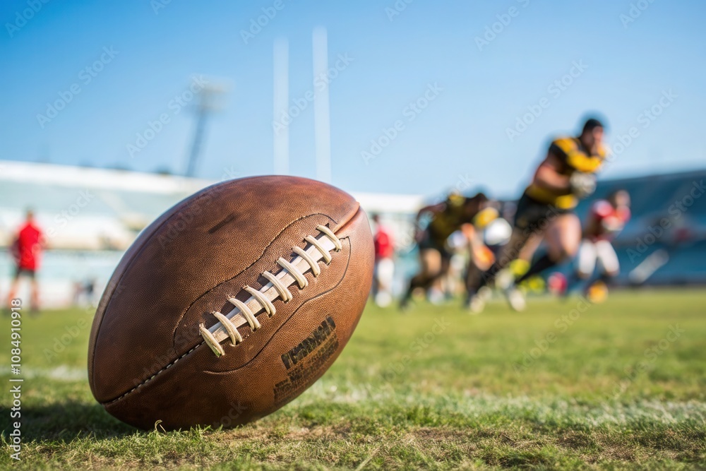 A rugby match unfolds in a stadium under a clear blue sky, capturing the action as players sprint in the background. A close-up of a well-worn rugby ball highlights the intensity of the game and the v A rugby match unfolds in a stadium under a clear blue sky, capturing the action as players sprint in the background. A close-up of a well-worn rugby ball highlights the intensity of the game and the v