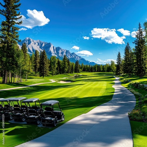 Empty Electric Carts Lined Up Along Banff Golf Course in Alberta, Canada