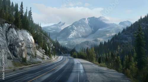 A curving asphalt road meandering through a rugged mountain terrain, flanked by dense forests and towering peaks, with the scenery captured in sharp, high-definition detail. 