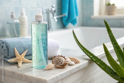 A serene bathroom ambiance features a bottle of liquid soap alongside elegant seashells and a soft towel. A vibrant aloe vera plant adds a touch of greenery, creating a refreshing and calming atmosphe photo