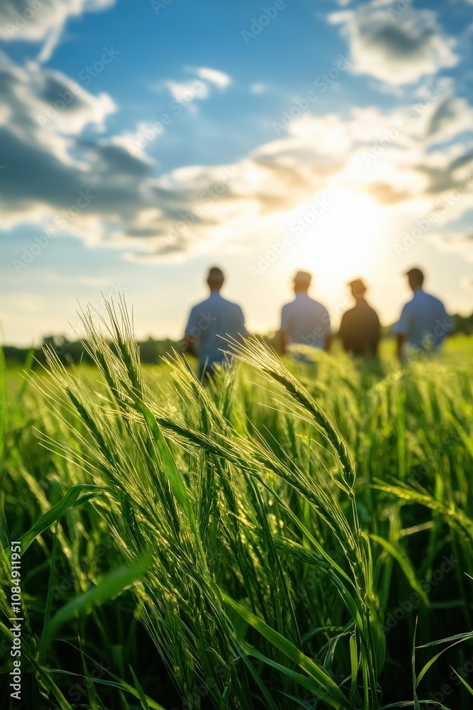 Four silhouettes stand in a sunlit field, surrounded by lush green grass and a beautiful sky filled with clouds. Four silhouettes stand in a sunlit field, surrounded by lush green grass and a beautiful sky filled with clouds.