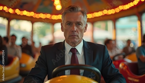 White businessman with a serious expression in a bumper car at a fair or amusement park