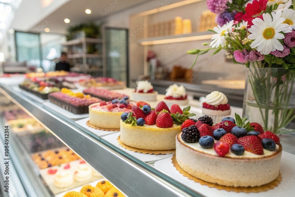 A variety of enticing cakes adorned with fresh fruit on display in a vibrant bakery. A variety of enticing cakes adorned with fresh fruit on display in a vibrant bakery.