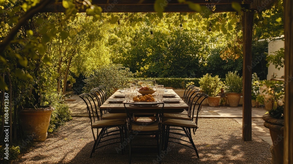 A Set Table Under A Vine Covered Pergola In A Garden A Set Table Under A Vine Covered Pergola In A Garden