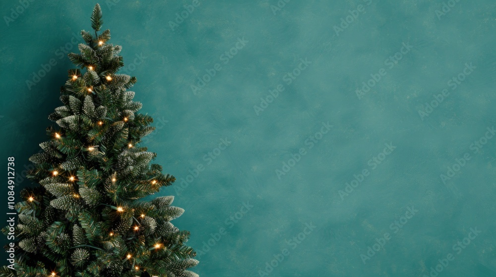Frosted Christmas tree with warm lights against a teal background. Frosted Christmas tree with warm lights against a teal background.