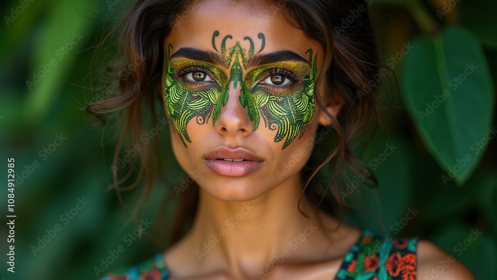 A model showcases intricate butterfly face art featuring vivid green and gold patterns. A model showcases intricate butterfly face art featuring vivid green and gold patterns.
