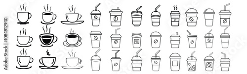 Cup line icon set. Disposable coffee cup.  beverage, tea, coffee cup icon/symbol. Coffee paper cup, plastic container for hot and cold drink, juice, tea. Vector illustration.