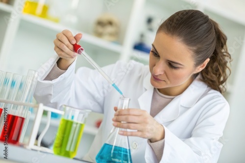 A scientist carefully measures liquids using a pipette and a flask in a bright lab.