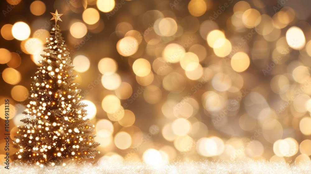 Golden Christmas tree lights sparkle.