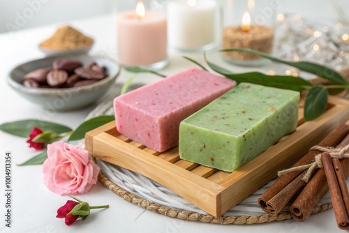 Two colorful handmade soaps are elegantly presented on a wooden tray surrounded by candles.