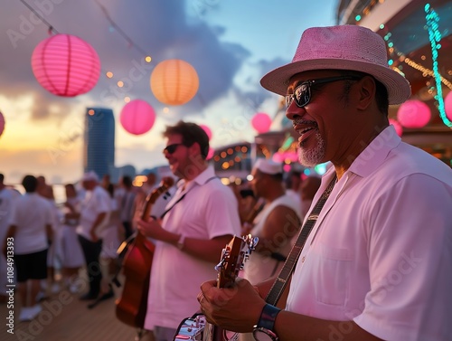 A cruise deck decorated for a cultural festival, with lanterns, streamers, and musicians performing traditional songs
