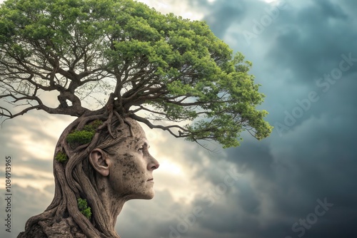 The artwork depicts a unique figure of a woman sharing her features with a tree. The tree branches extend from her head, complementing a dramatic sky with dark clouds, creating an intriguing and thoug photo