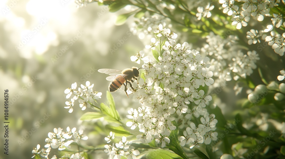 Honeybee Gathering Pollen From White Spring Blossoms Honeybee Gathering Pollen From White Spring Blossoms