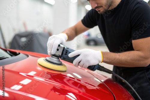 A man in a black shirt and gloves operates a polishing tool on the glossy red surface of a car. He is focused on restoring the vehicle's finish in a well-lit auto detailing shop. The atmosphere is pro
