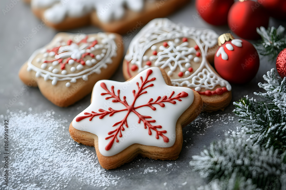 Fototapeta premium Christmas Tree with Golden and Red Ornaments, Bokeh Lights, and Holiday Cheer