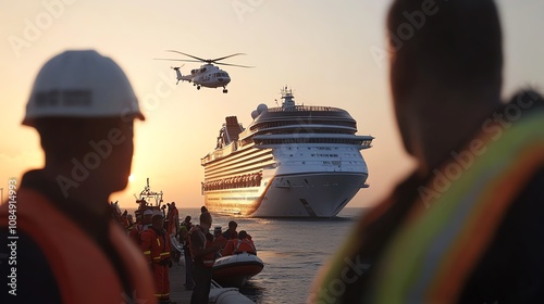 A dramatic rescue operation near a cruise ship, with helicopters and lifeboats in action