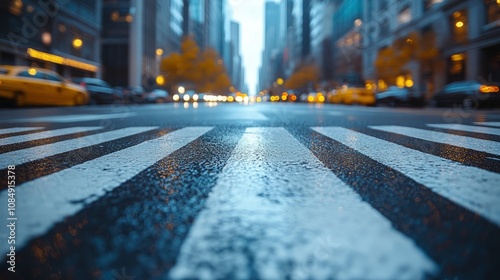 Urban zebra crossing scene with clean pedestrian crosswalk, modern architecture, and natural daylight highlighting pavement texture, ideal for commercial and stock imagery use.