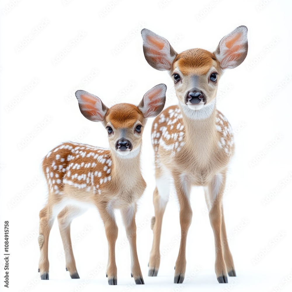 Fototapeta premium Antlered deer and fawn standing gracefully, isolated on a clean white background, showcasing their natural beauty, delicate features, and strong bond, perfect for wildlife and nature-themed concepts.