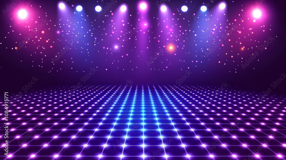 Obraz premium 3D futuristic retro grid purple blue neon light technology digital grid abstract background copy space. pattern with rays lines and dots club bar disco geometric cyberpunk dance LED wallpapaer