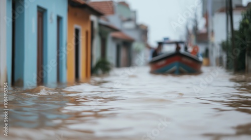 People on rooftops watching as rescue boats approach, floodwaters swirling below, long shot at dusk photo