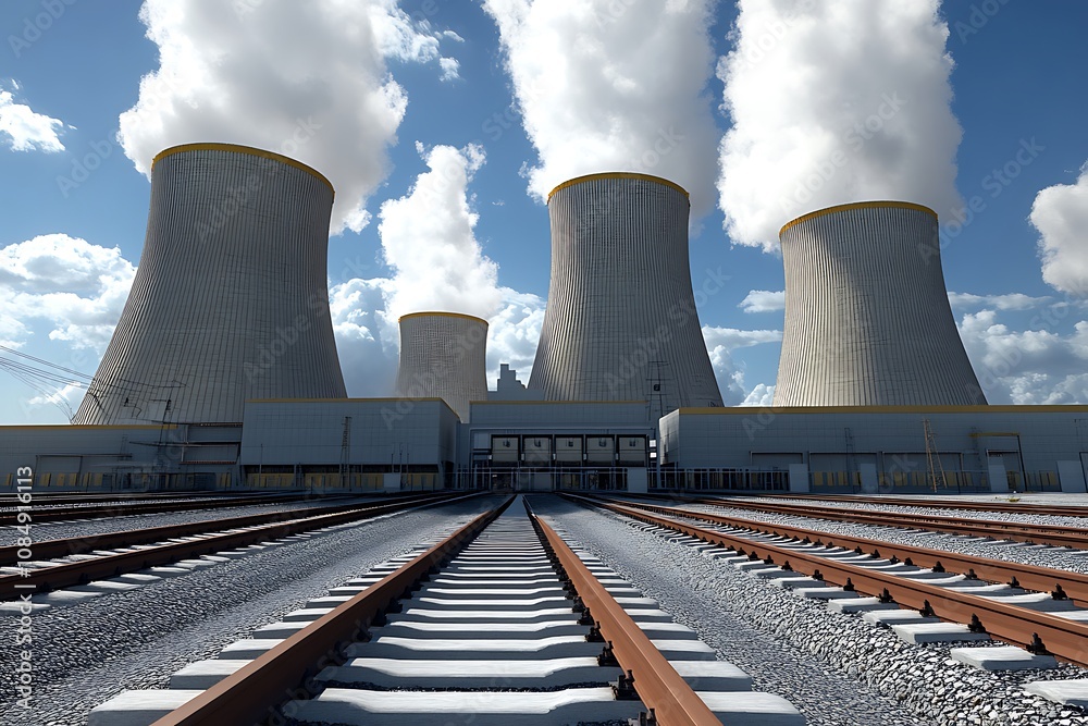 Cooling Towers and Railway Tracks at a Power Plant Cooling Towers and Railway Tracks at a Power Plant