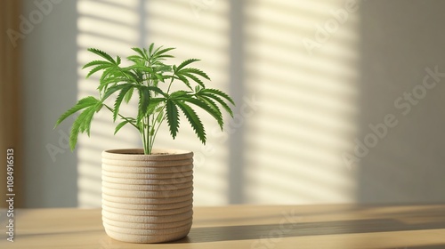 Cannabis plant growing in rustic pot on wooden table with natural lighting