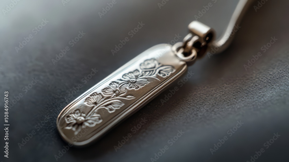 Close-up of a silver pendant with an engraved floral design.