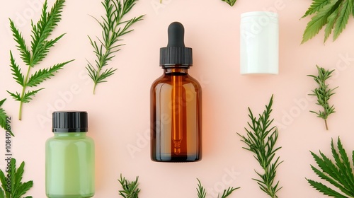 Top-Down View of Workspace with Hemp Oil,Leaves,and Natural Wellness Products