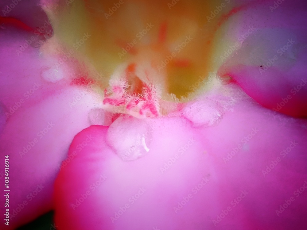 Fototapeta premium Pink Desert Rose Macro: Dew-kissed petals of a pink desert rose, captured in extreme close-up, showcasing intricate details and vibrant color. A stunning image for nature lovers and design projects. 